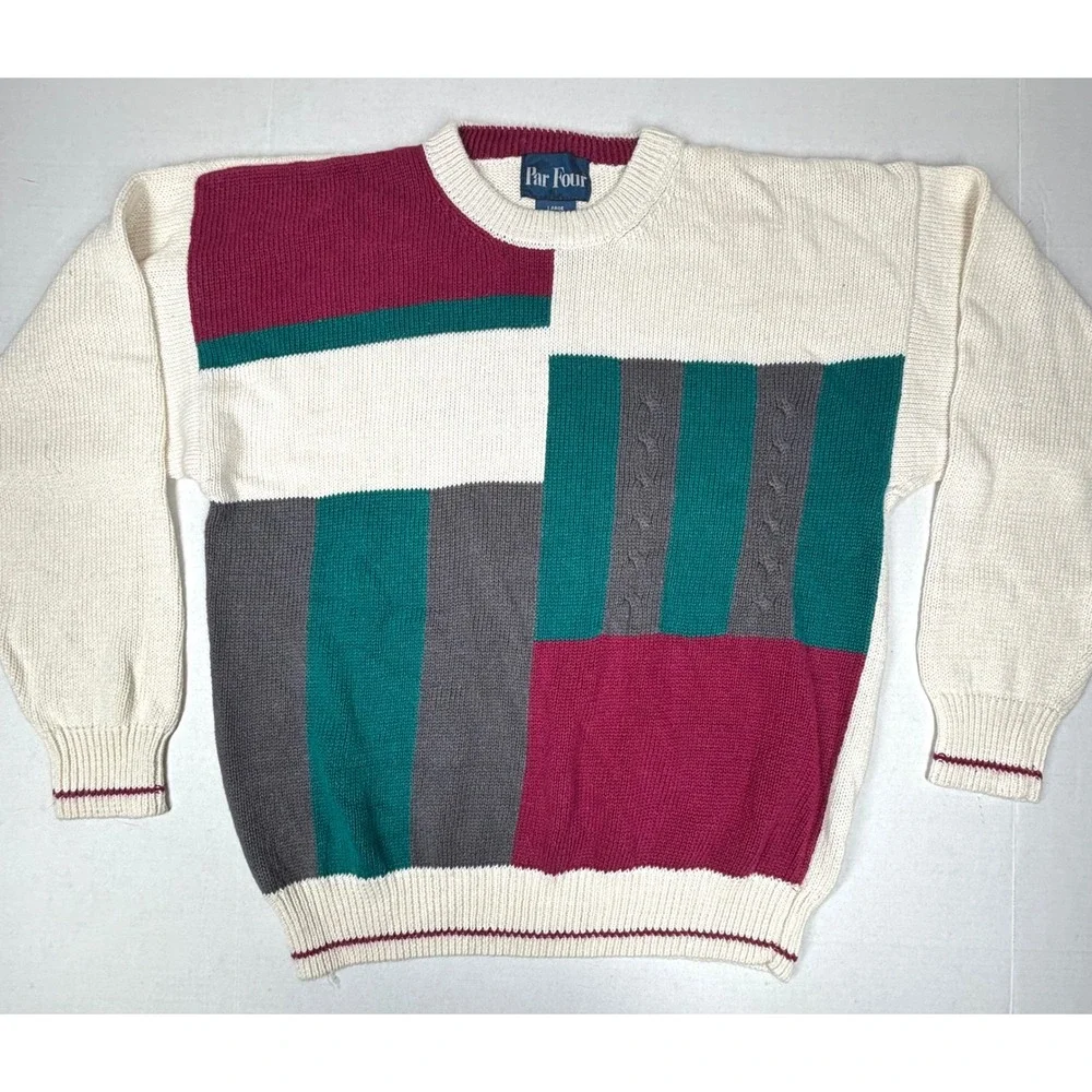 VTG 80s Par Four Sweater Mens Large Color Block Knit‎ Pullover Casual Cosby EUC